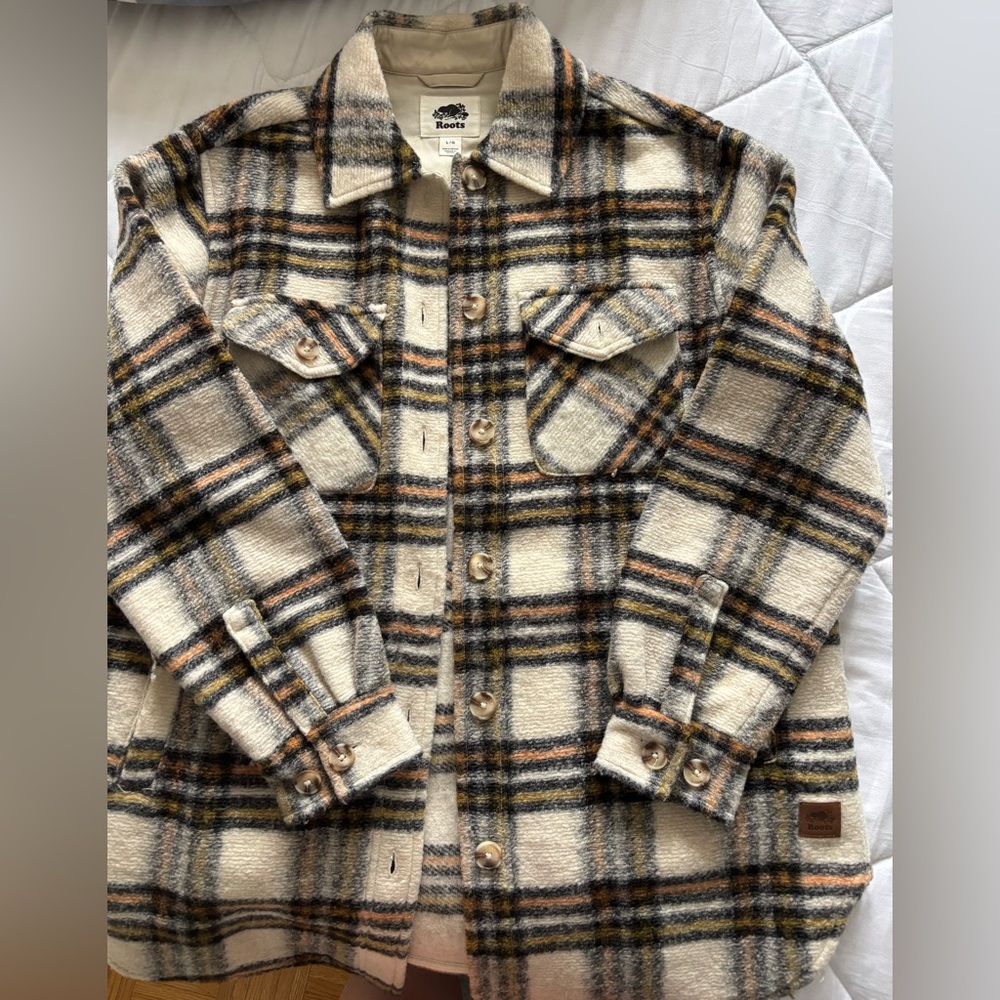 Roots Cream and Brown Plaid Shacket